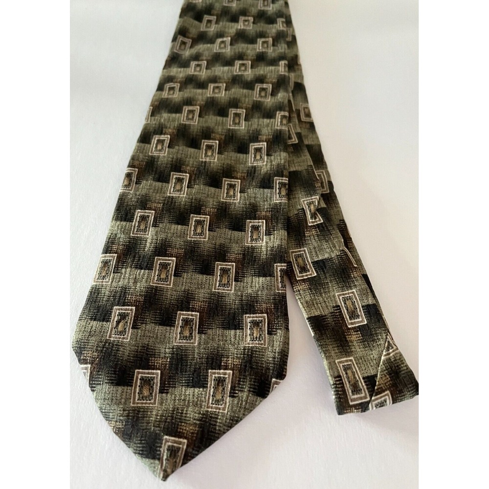 Puritan Men's Tie Necktie Silk USA Green Brown Geometric Pattern Classic Length